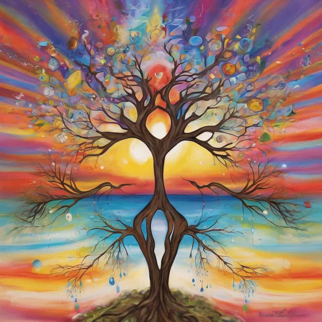 Ζωγραφιά με δέντρο και πολύχρωμα στοιχεία, σύμβολο προσωπικής ανάπτυξης και θετικής αλλαγής.