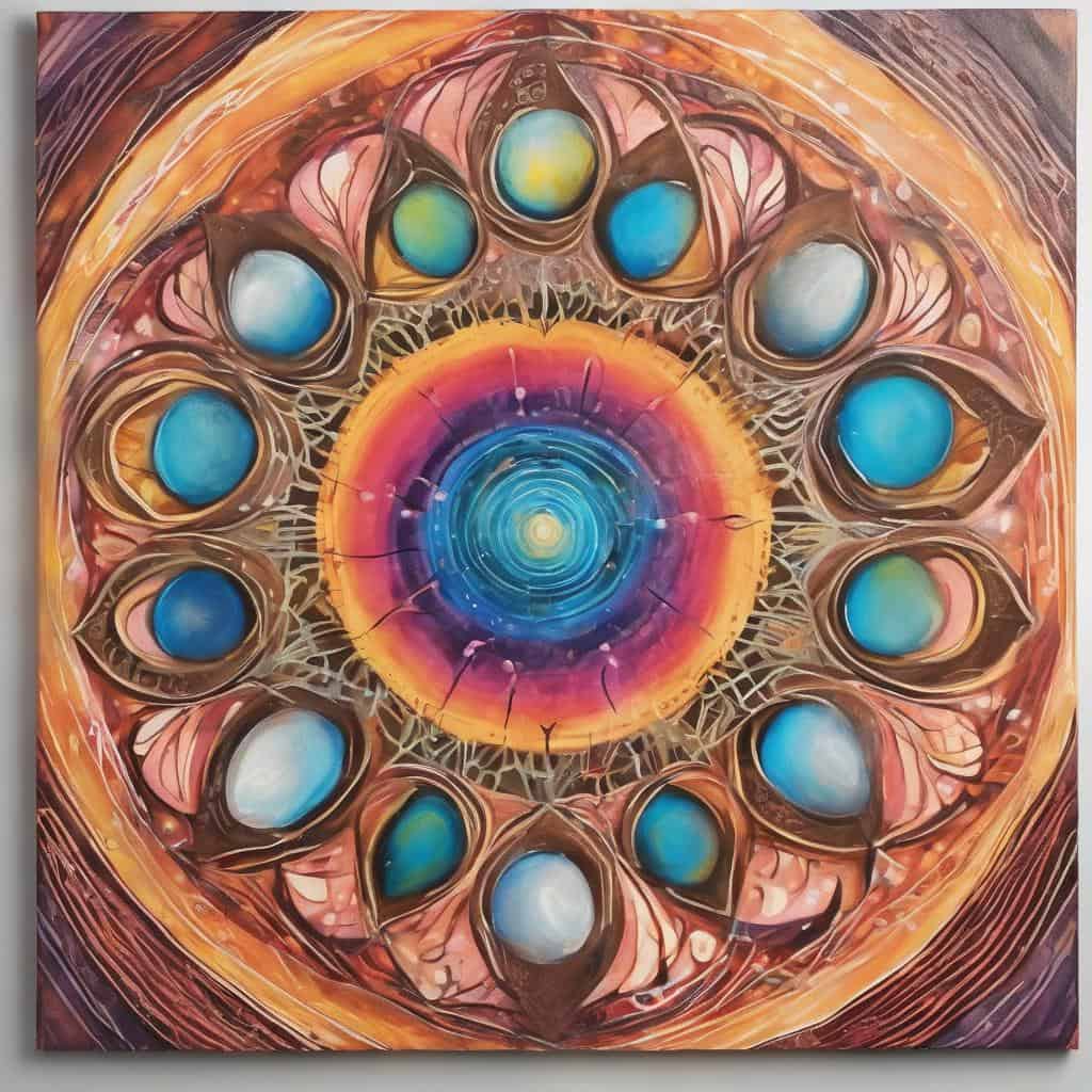 Ζωγραφική με ανθρώπινα στοιχεία, σύμβολα μεταμόρφωσης και θετικής ενέργειας.