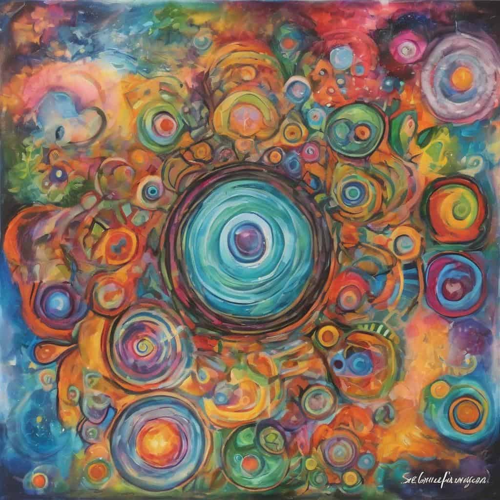 Πίνακας με πολύχρωμα κύκλους και αφηρημένη τέχνη που συμβολίζουν την εσωτερική αλλαγή και προσωπική ανάπτυξη.