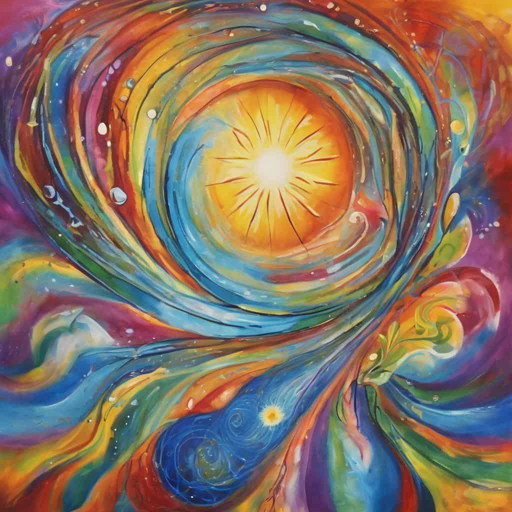 Ζωγραφική με πολύχρωμα κύματα και φωτεινό κέντρο που συμβολίζουν τη μεταμόρφωση και την αισιοδοξία.